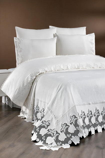 Juego de ropa de cama y colcha de 7 piezas para cama doble con bordado étnico
