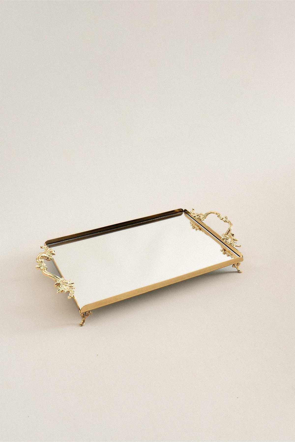 Bandeja de metal rectangular de tamaño mediano en color dorado con asas elegantes, plato decorativo para servir