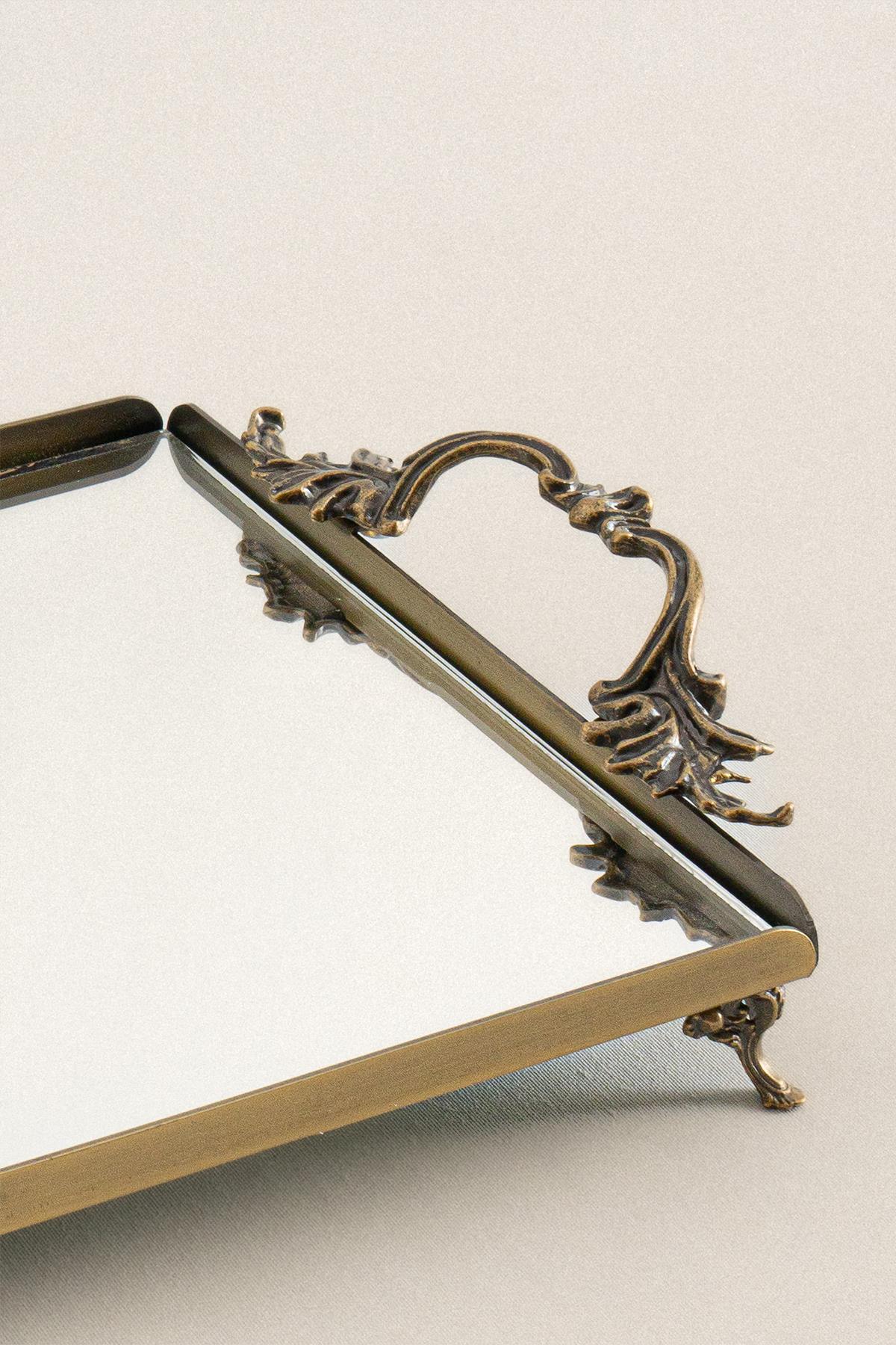 Bandeja rectangular con acabado envejecido, elegante asa de metal y superficie de espejo, bandeja decorativa