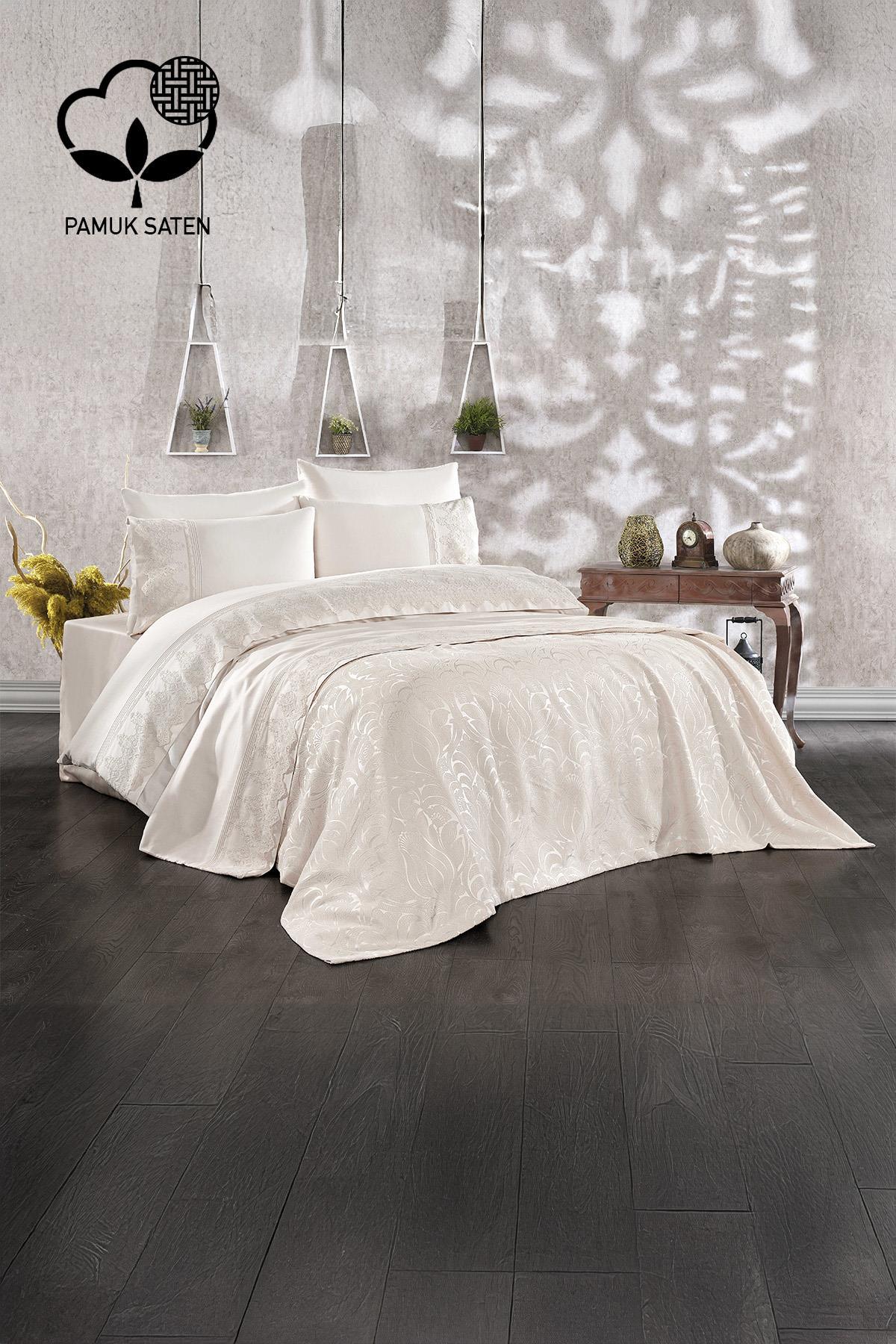 Juego de funda nórdica con piqué de satén de algodón jacquard y volantes Marissa - Nazik Home - ¡Dale valor a tu hogar!