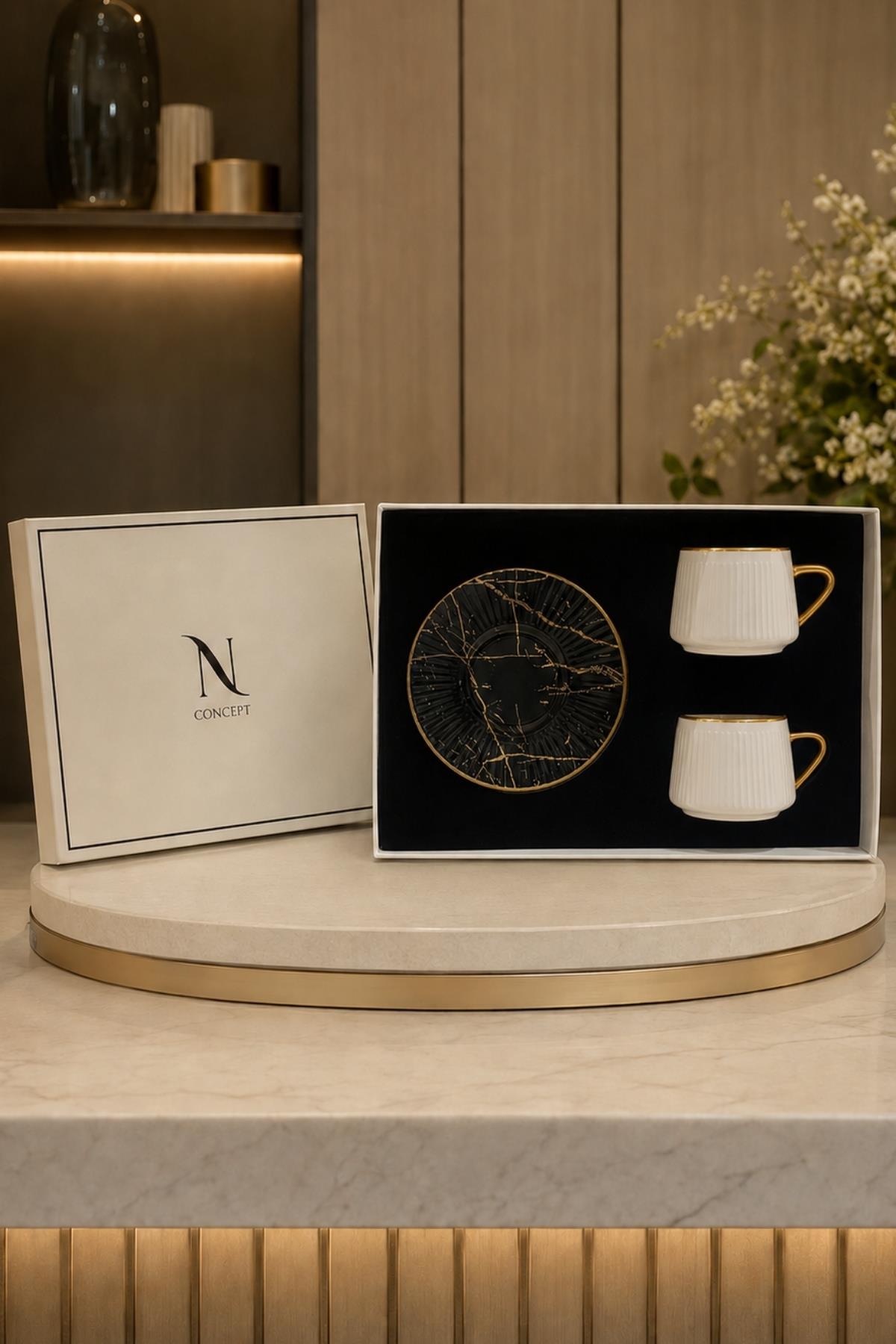 Juego de 2 tazas de café premium Midnight Vien con baño de oro de 24K