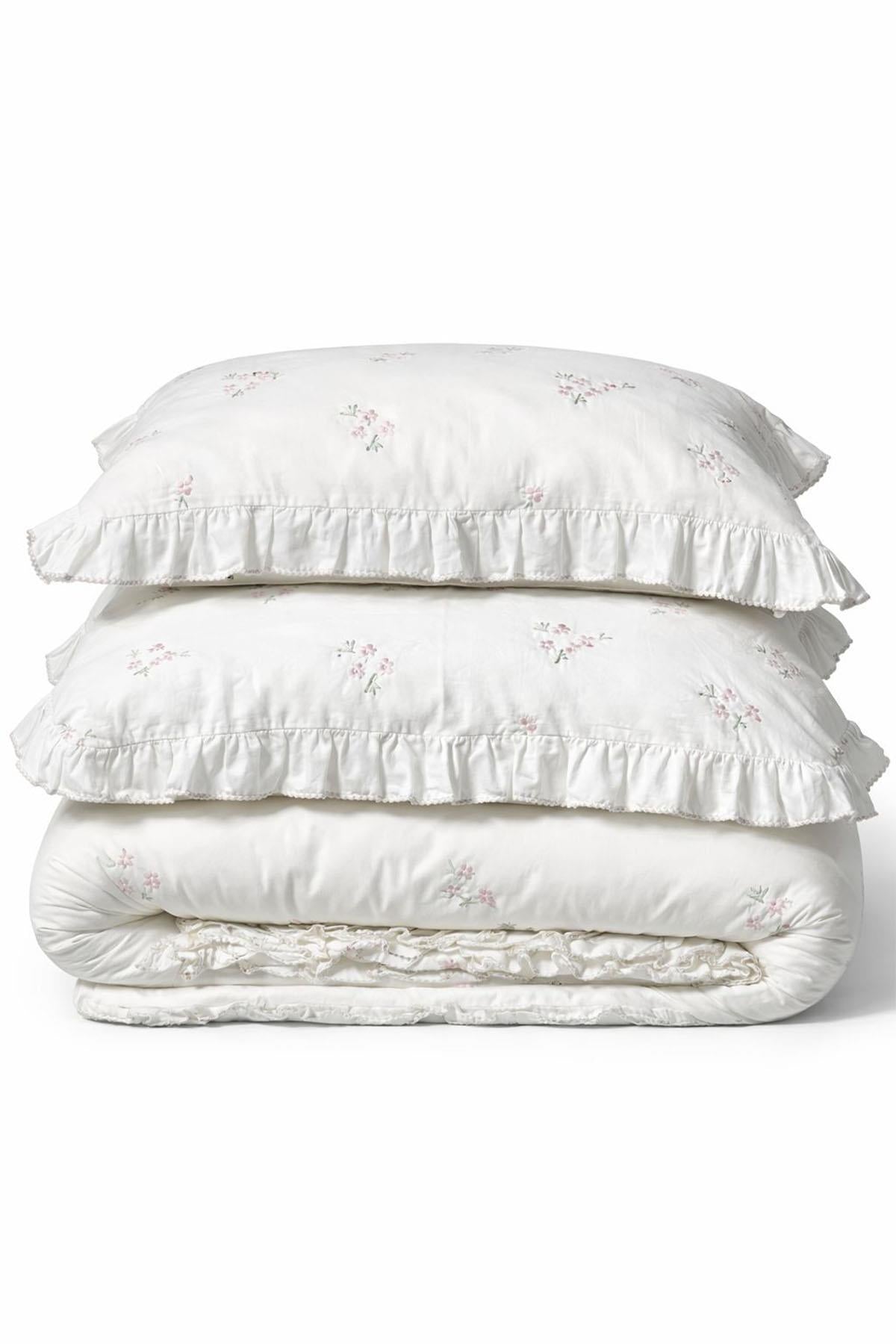 Juego de Funda Nórdica Nadia de 6 Piezas de Algodón Satén con Bordado de Margaritas para Cama Matrimonial