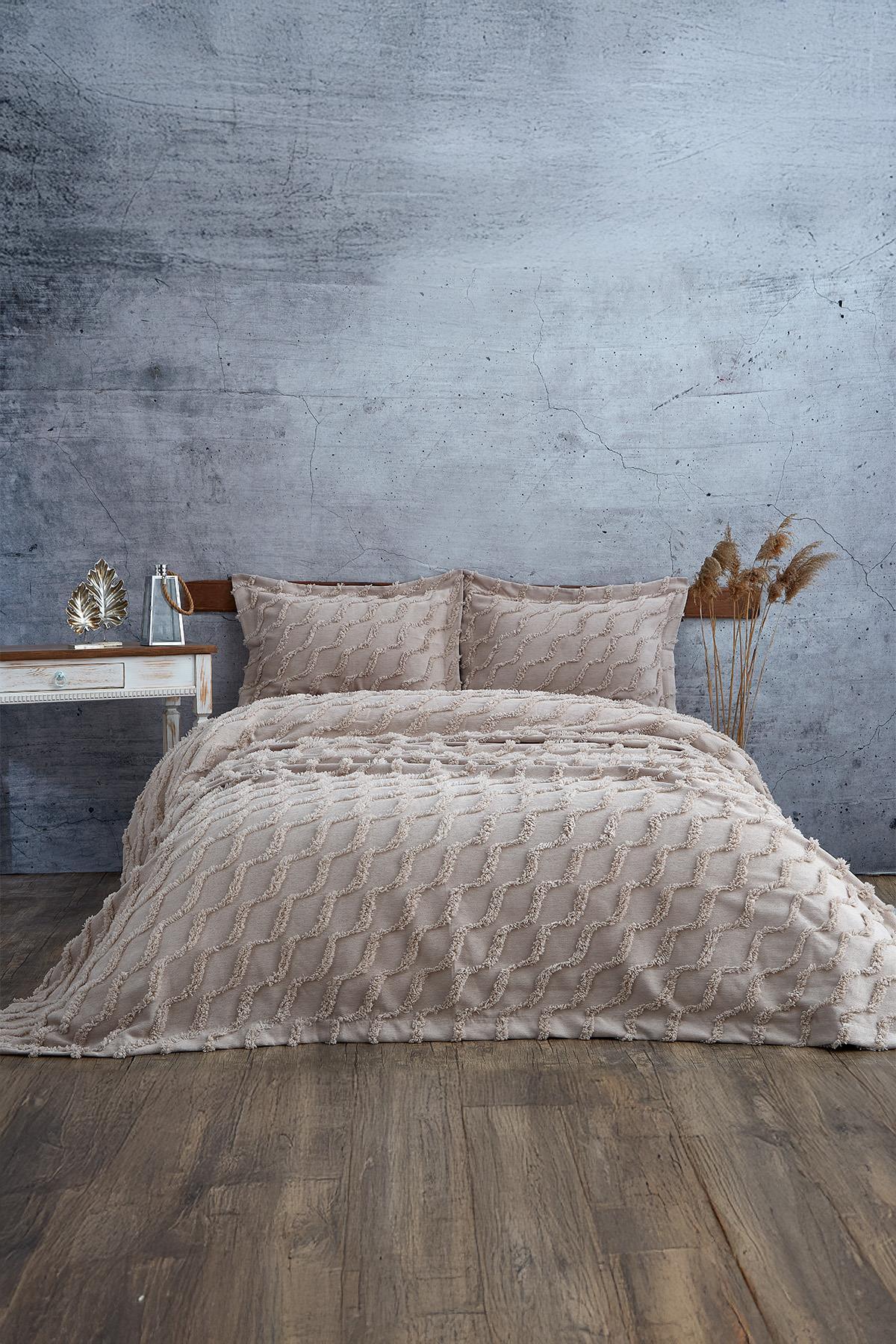 Cubrecama individual de felpa con textura de lino en color beige, decoración de dormitorio moderna