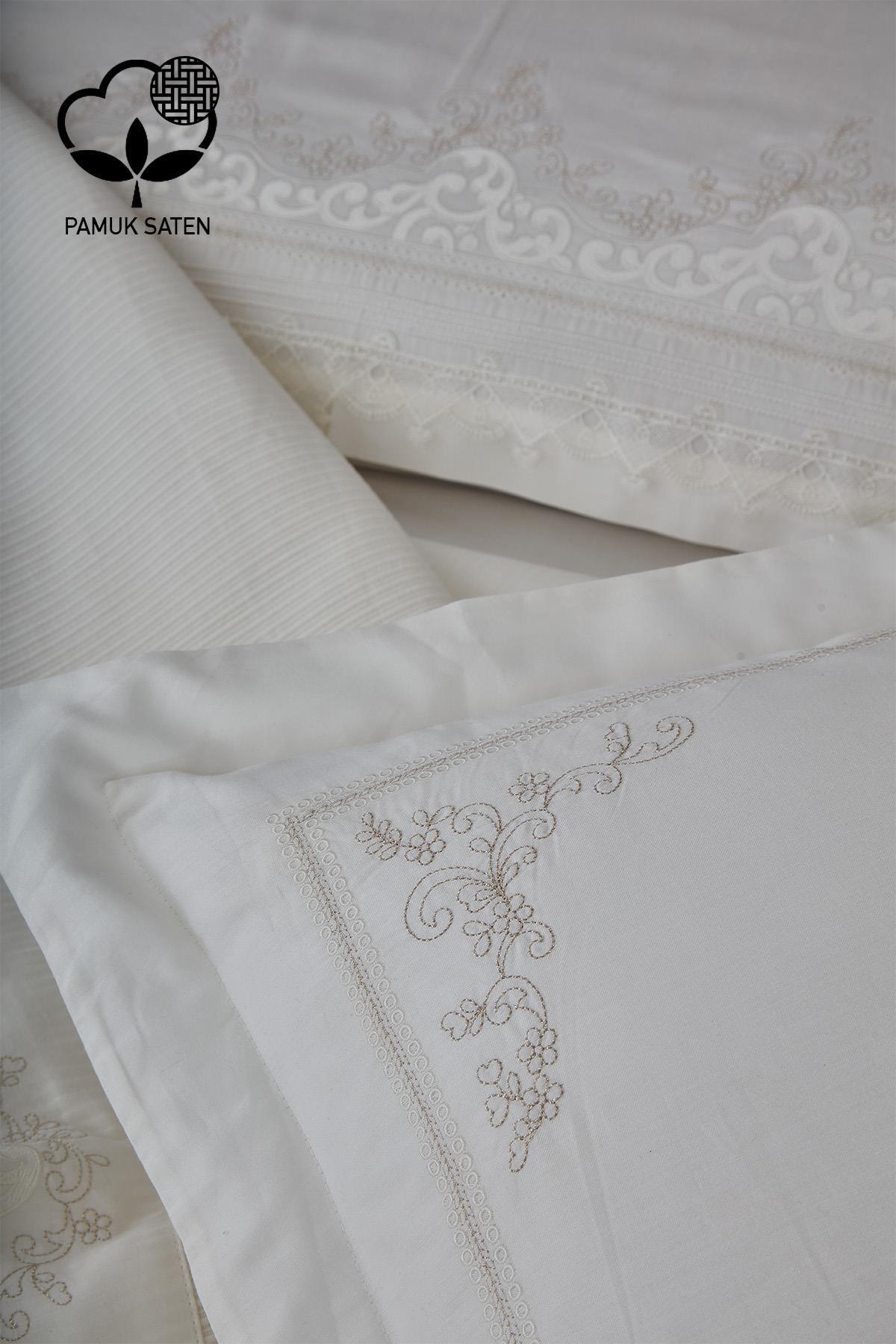 Detalles del juego de edredón y colcha de satén de algodón para cama doble en color blanco con bordados de rubíes