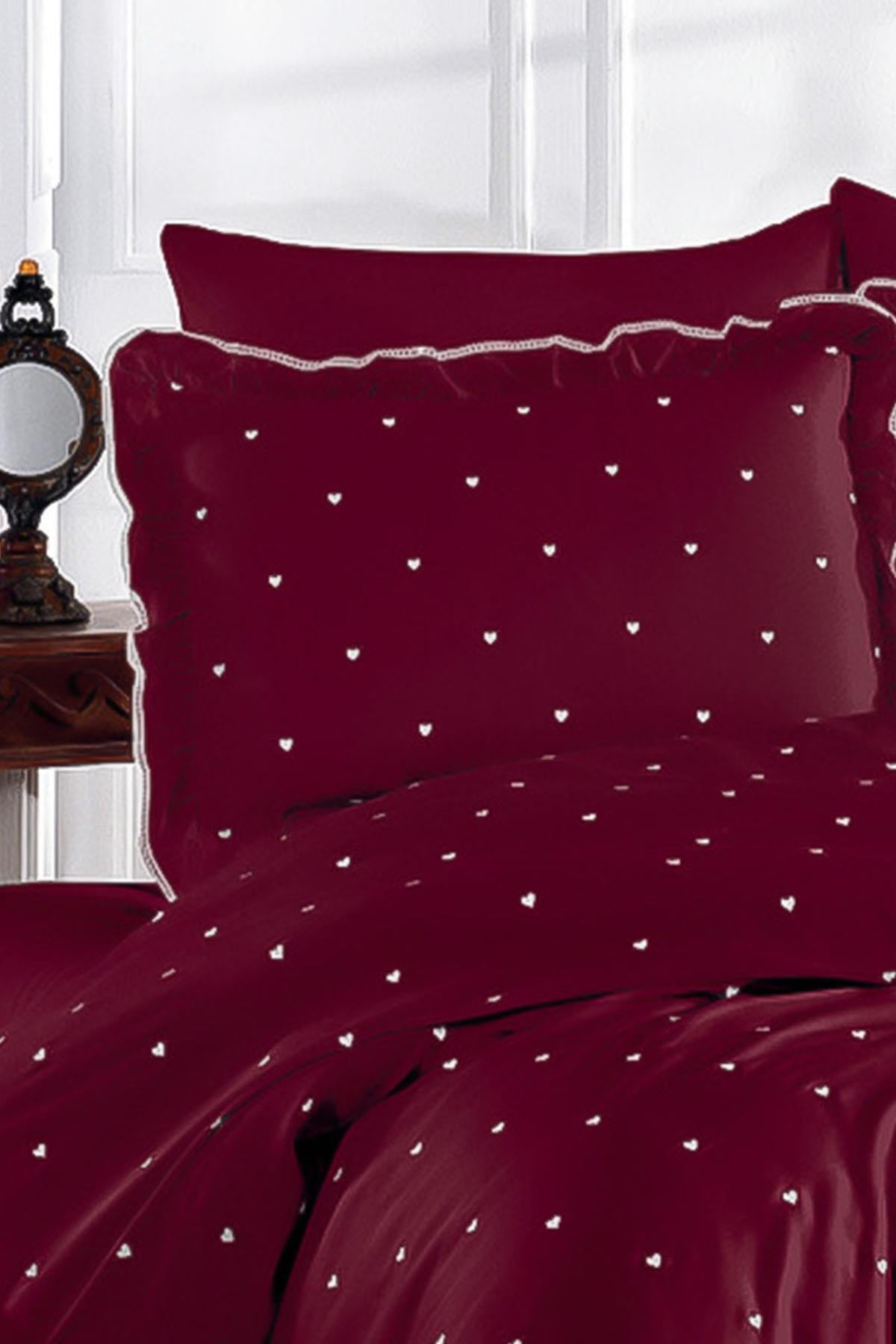 Amore Heart Embroidered Cotton Satin Super King Size 6 Piece Duvet Cover Set