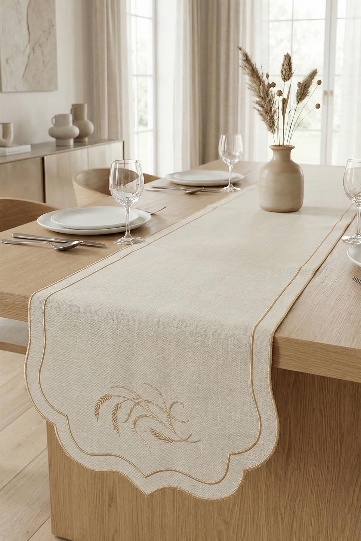 Runner de mesa antimanchas con bordado de espigas (40 x 140 cm)