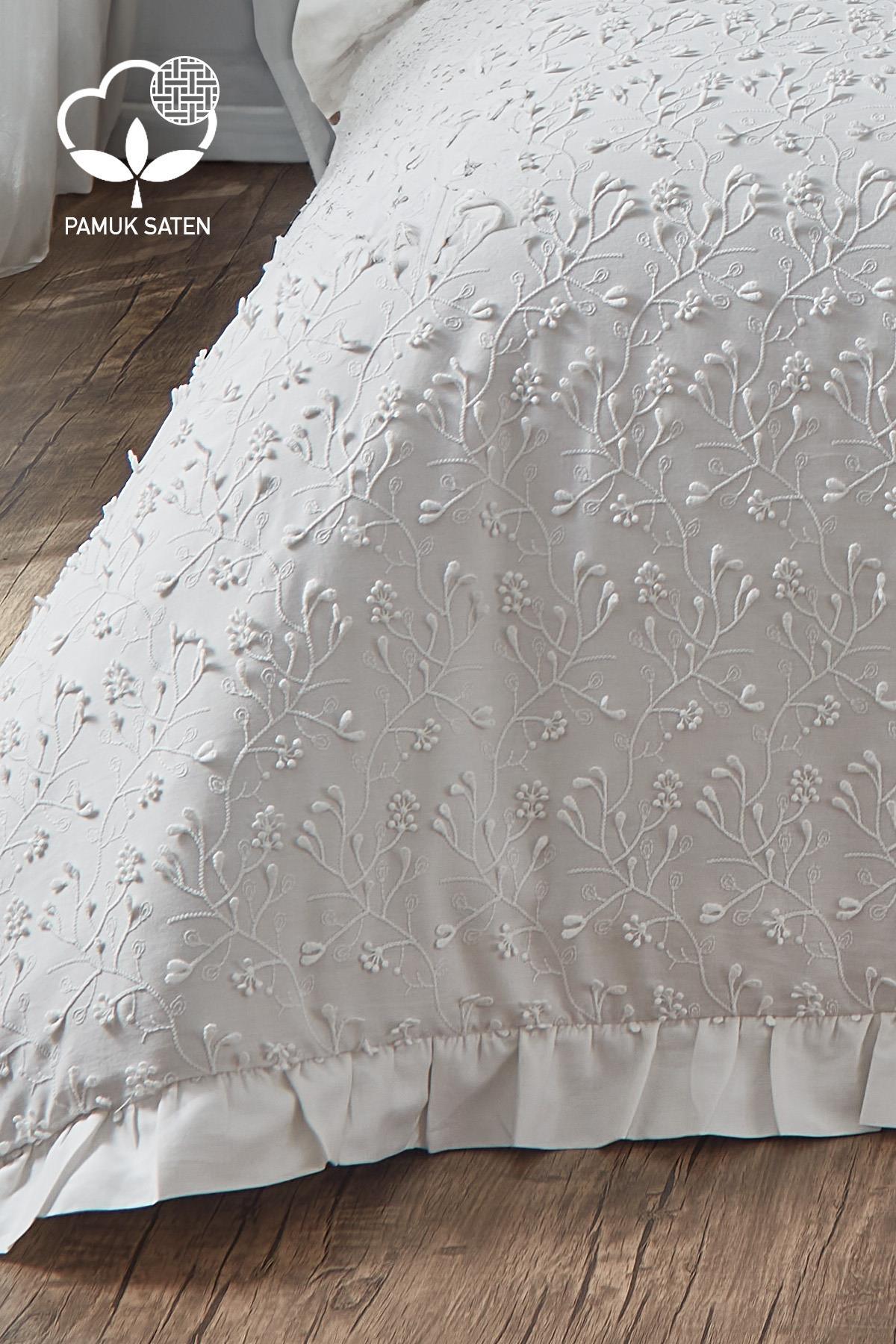 Juego de funda nórdica matrimonial de satén de algodón blanco con bordados, encaje y estampado floral