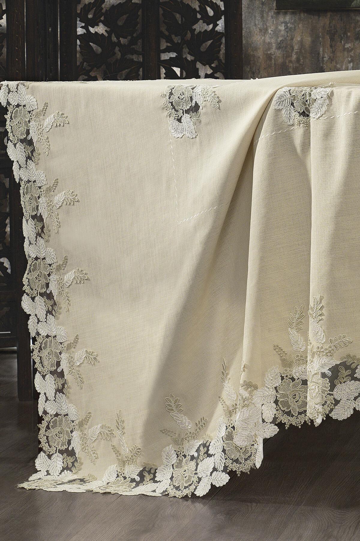 Mantel de mesa color crema antimanchas, elegante mantel con bordes de encaje con motivos florales