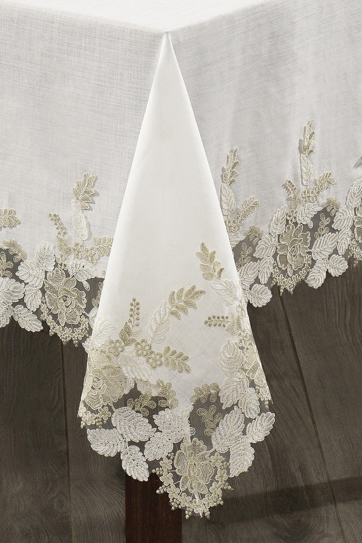 Mantel de mesa blanco antimanchas con bordado de encaje, decoración de mesa elegante y sofisticada