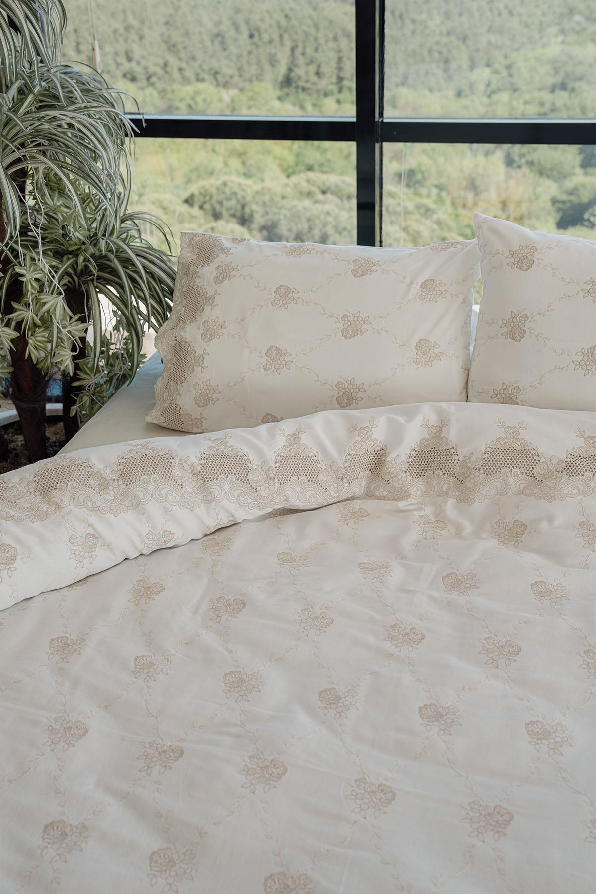 Juego de Funda Nórdica de 6 Piezas para Cama Matrimonial de Satén de Algodón con Bordado İris