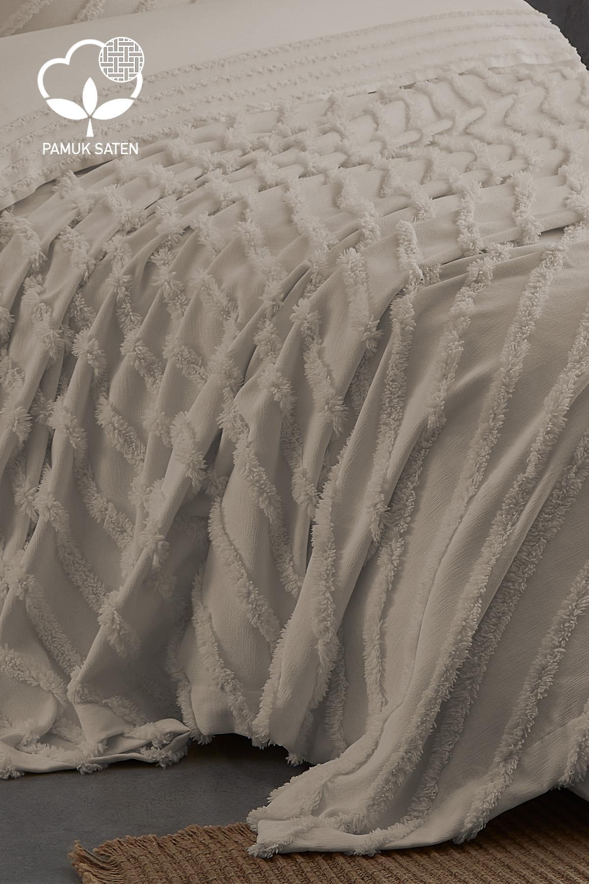 Juego de funda nórdica doble de satén de algodón, color crema, con textura y detalle de sobrecama