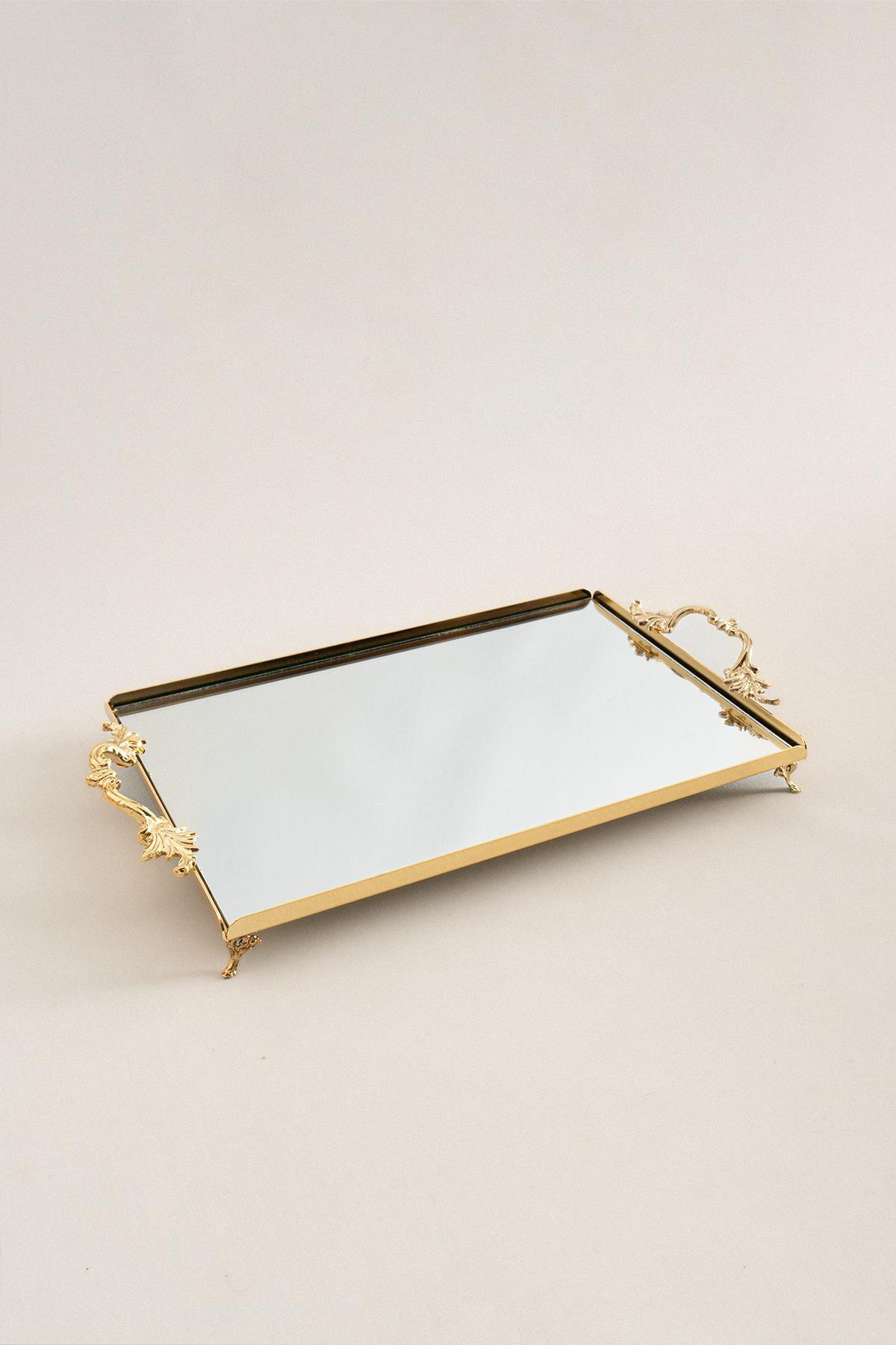Bandeja de servicio grande dorada con superficie de espejo y asas elegantes, bandeja decorativa de 40x26 cm