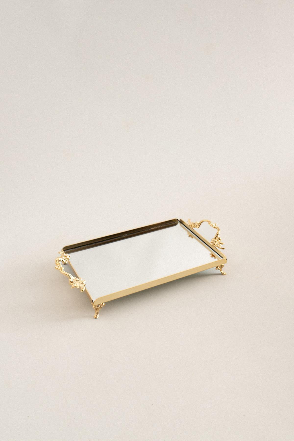 Pequeña bandeja rectangular con patas y asas doradas elegantes, superficie de espejo, bandeja decorativa para servir