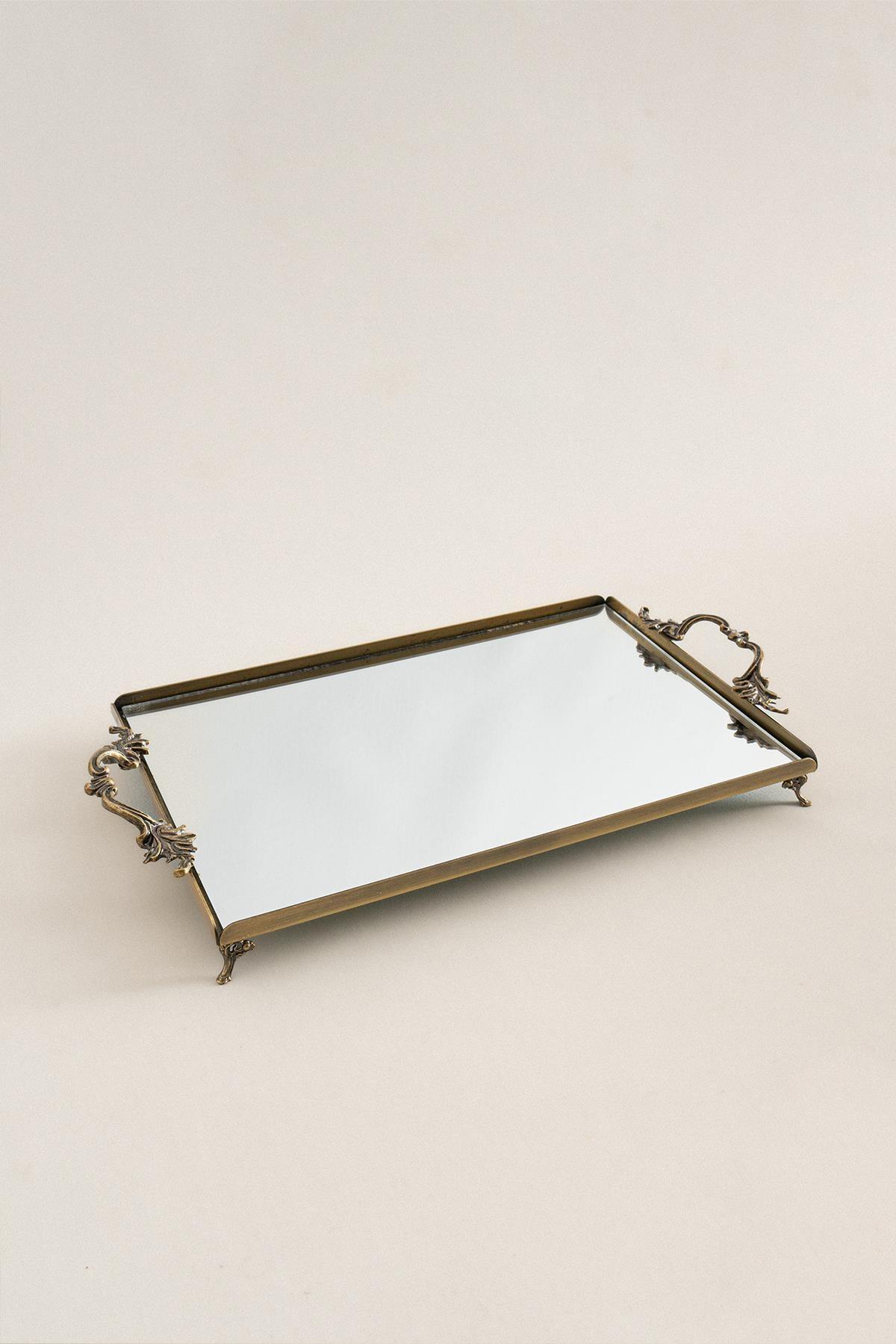 Bandeja grande rectangular con espejo, estilo envejecido y elegantes asas de metal, decorativa