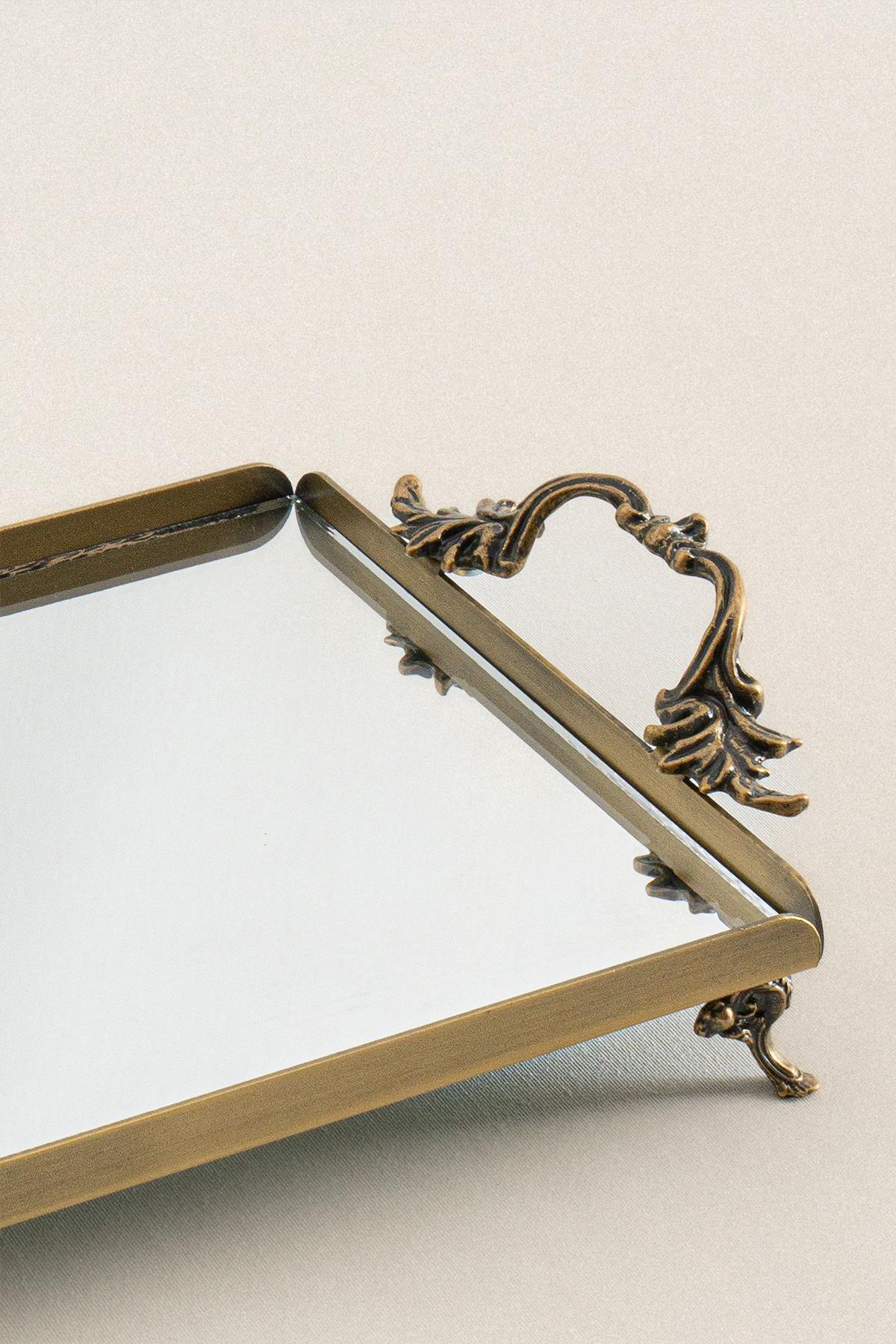 Bandeja de servicio pequeña con espejo y asas de bronce envejecido, diseño decorativo y clásico