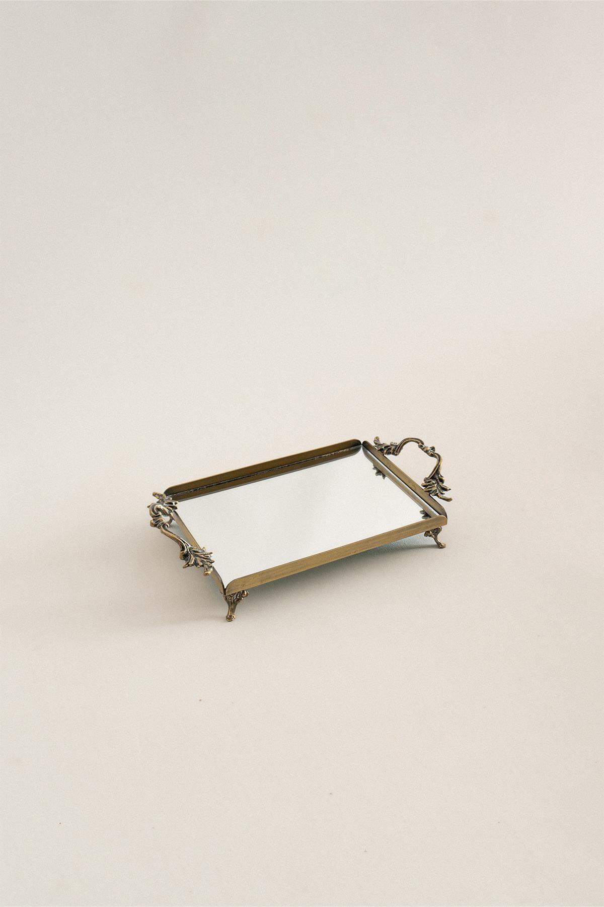 Mini bandeja decorativa con asas elegantes, acabado envejecido, superficie de espejo y patas de metal antiguo