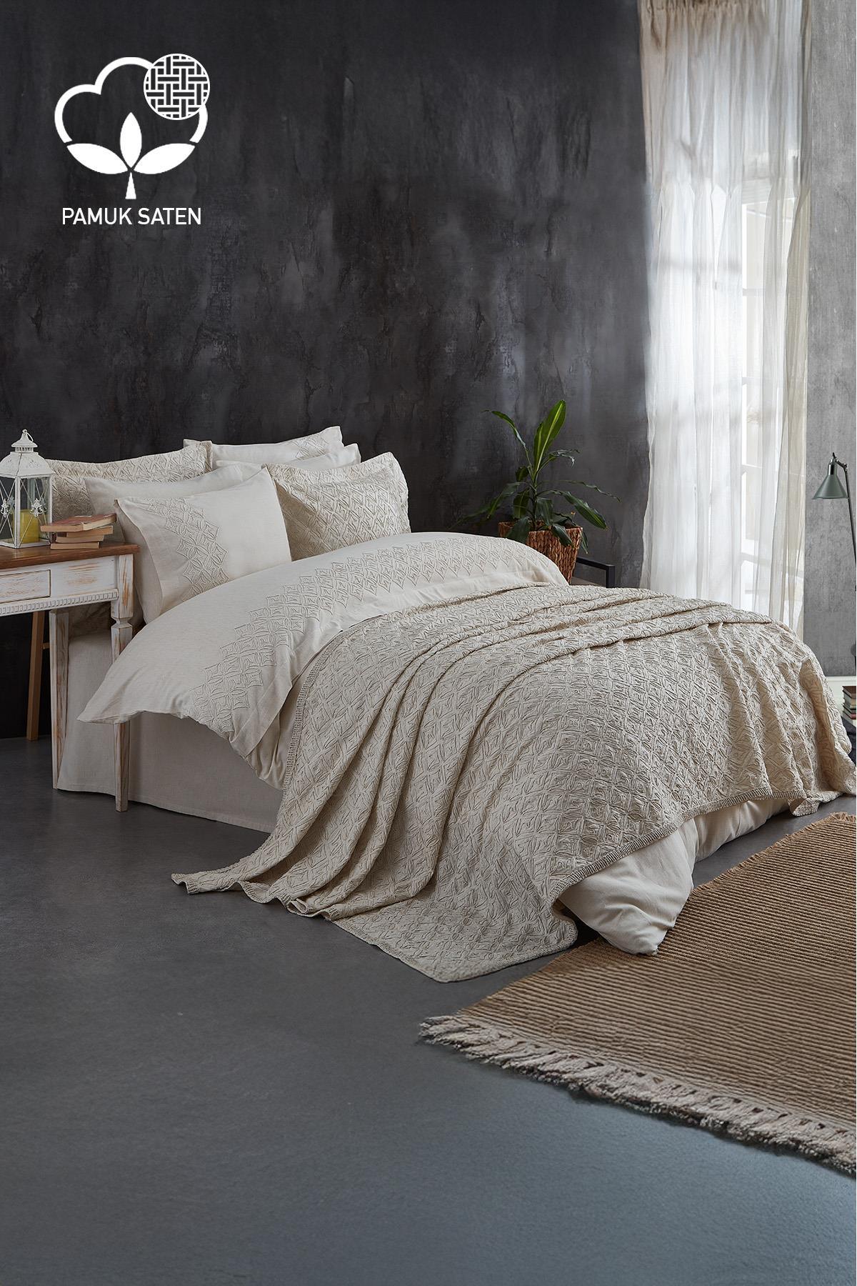 Juego de funda nórdica y colcha de 9 piezas para cama doble, de satén de algodón en color beige, decoración de dormitorio moderna