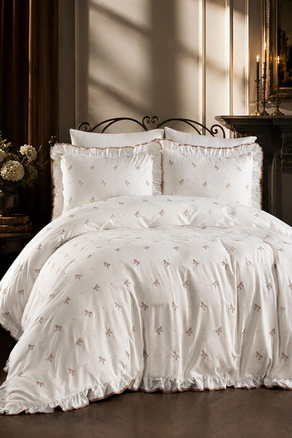 Serena Bow Embroidered Cotton Sateen Single Duvet Cover Set 4 Piece