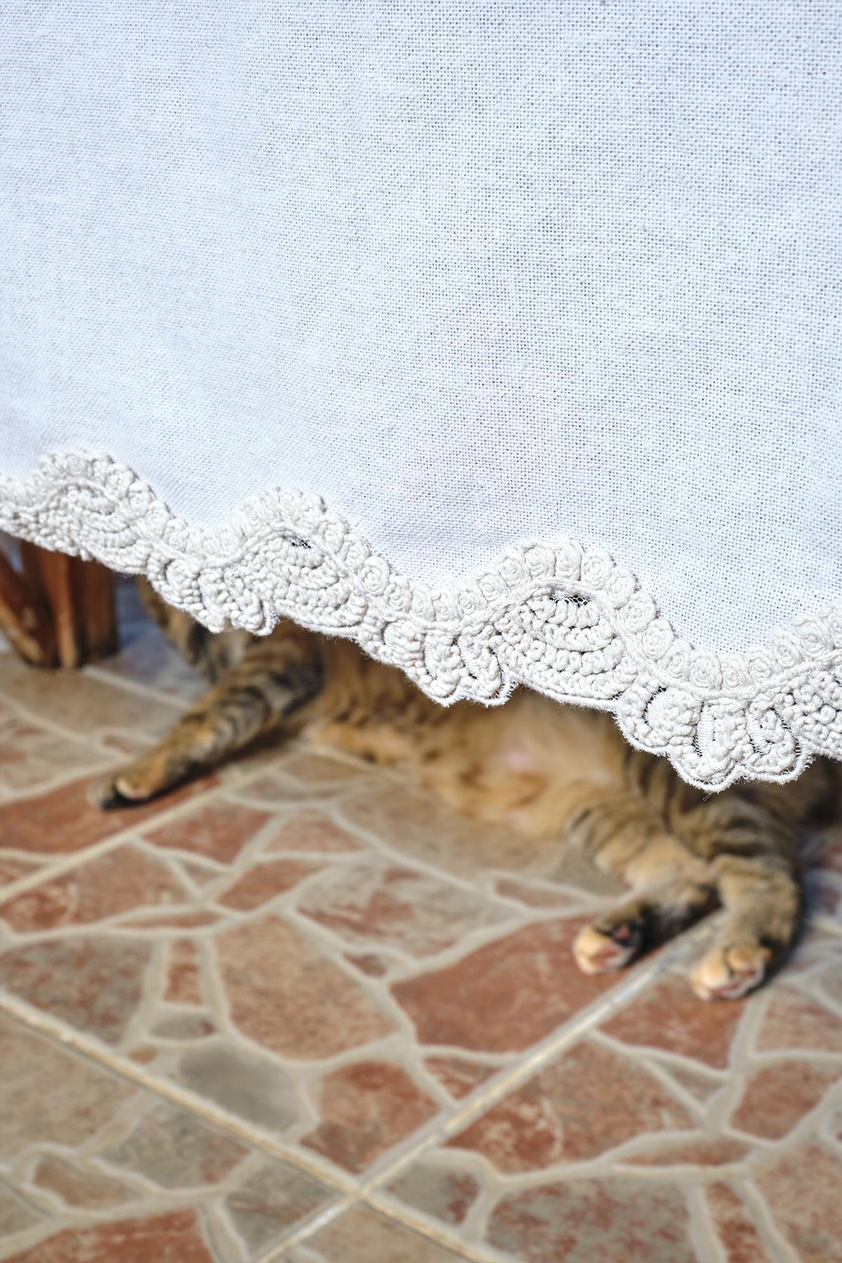 Mantel blanco con borde de encaje, se ven las patas de un gato sobre un suelo de piedra