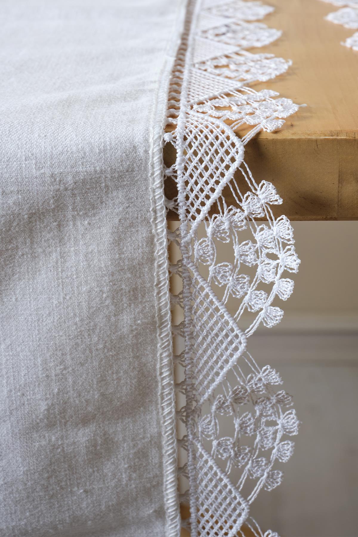 Camino de mesa de encaje blanco sobre una mesa, detalle de mantel elegante y decorativo